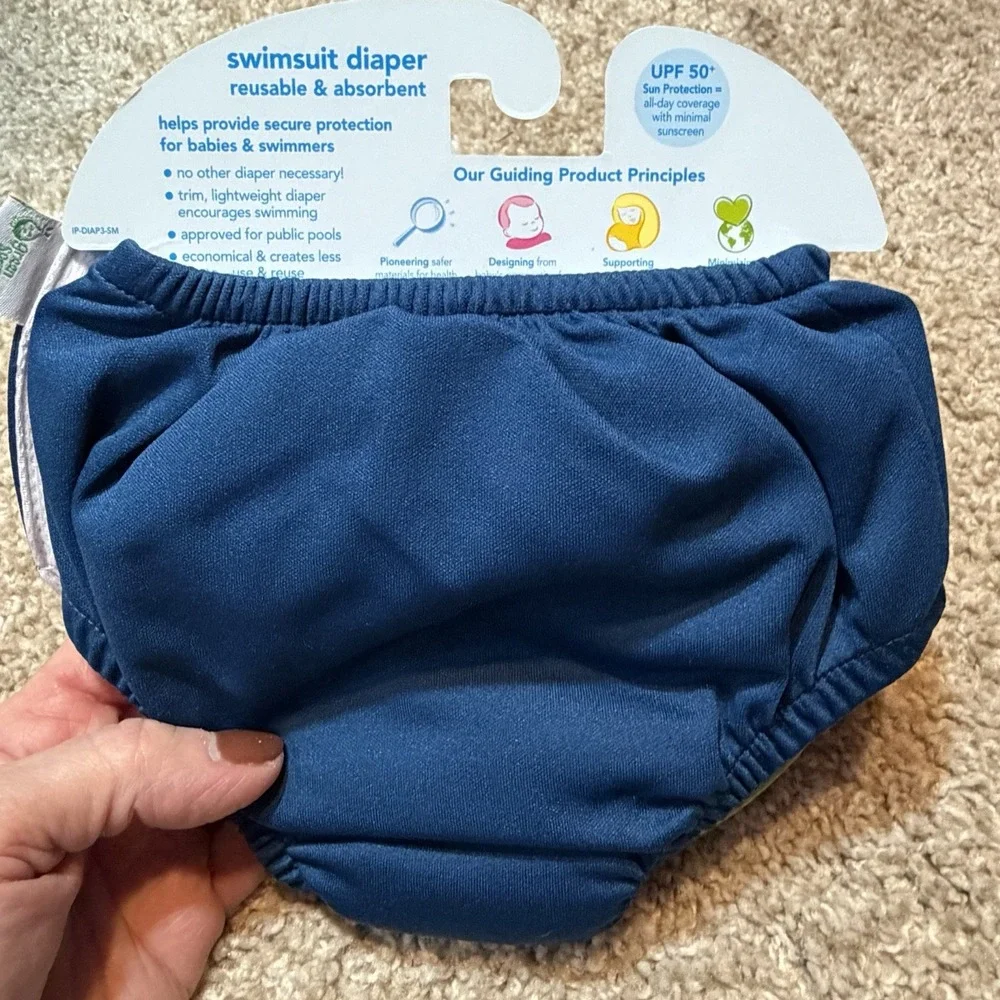 I Play Green Sprouts Swim Diaper Unisex 6 Months Navy Side Snaps Elastic Waist